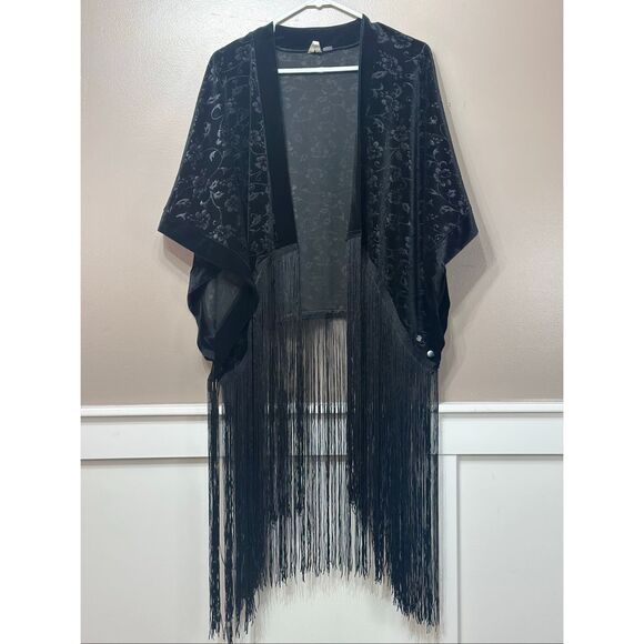 NWOT Roxy Black Wings of Raven Velvet Fringe Kimono Top Open Cardigan Women's XS - Picture 2 of 10